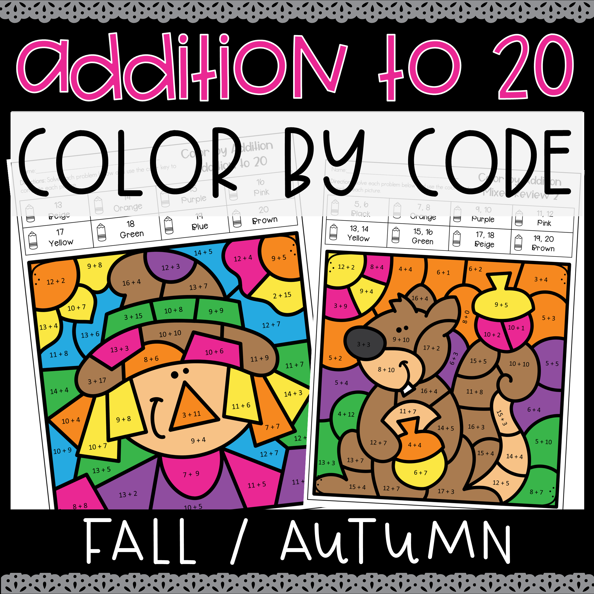 Autumn fall addition to color by code number no prep coloring worksheets made by teachers