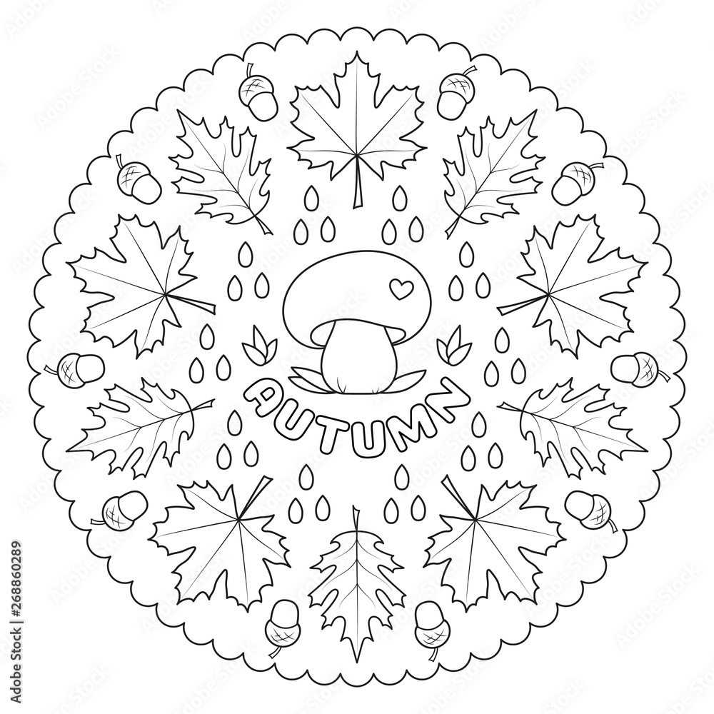 Coloring page mandala for kids with autumn leaves mushroom and acorns vector illustration vector