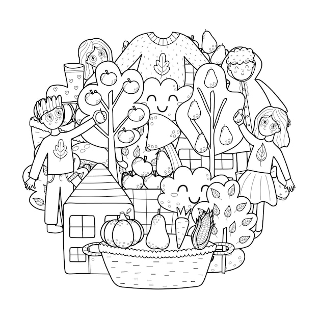 Premium vector autumn circle shape pattern fall mandala coloring page black and white print with harvesting kids