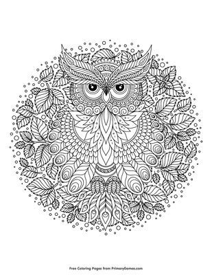 Zentangle owl with leaves coloring page â free printable pdf from