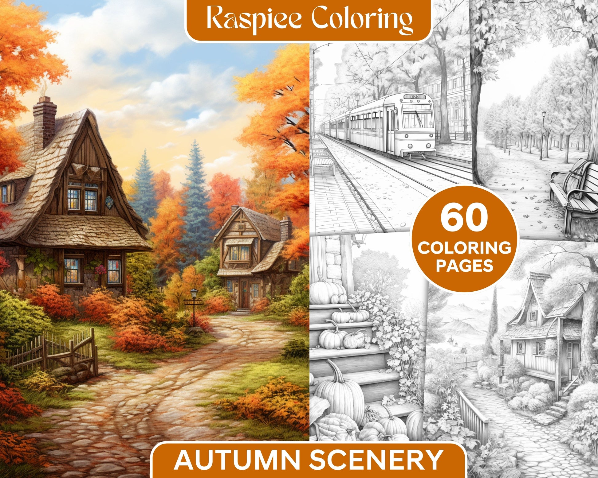 Autumn scenery grayscale coloring pages printable for adults pdf file â coloring
