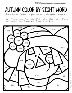 Color by sight word fall kindergarten worksheets