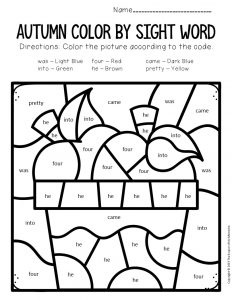 Color by sight word fall kindergarten worksheets