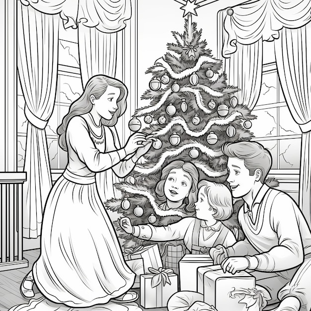 Premium ai image illustration of a christmas coloring page for kids a family decorati