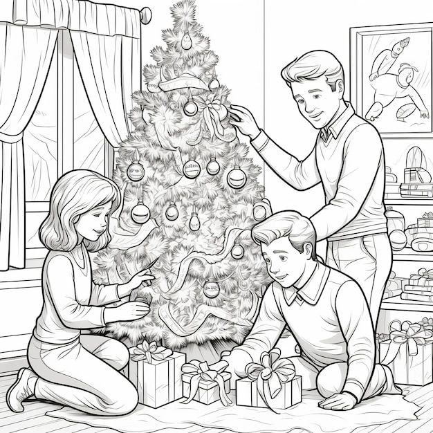 Premium ai image illustration of a christmas coloring page for kids a family decorati