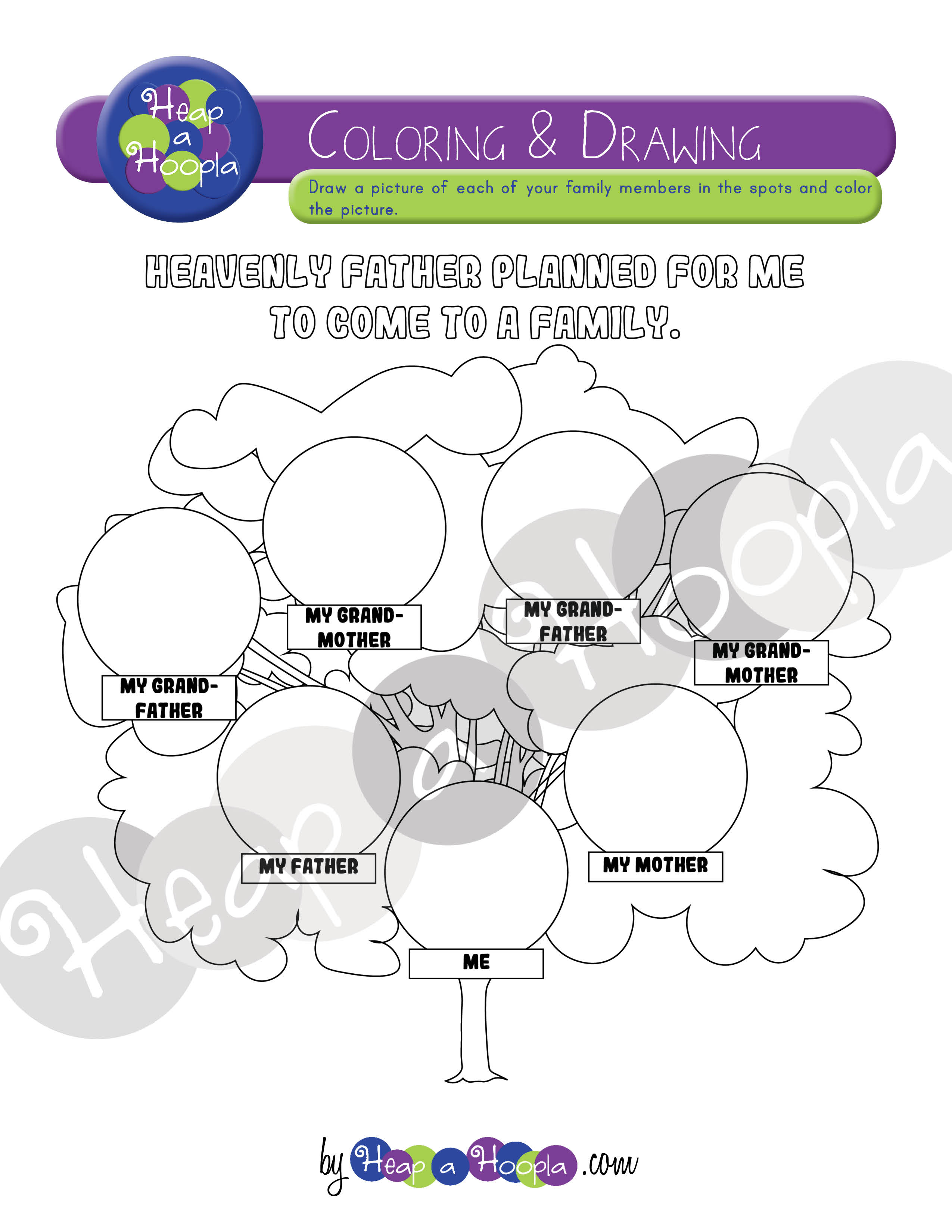 Family tree drawing and coloring activity sheet for children