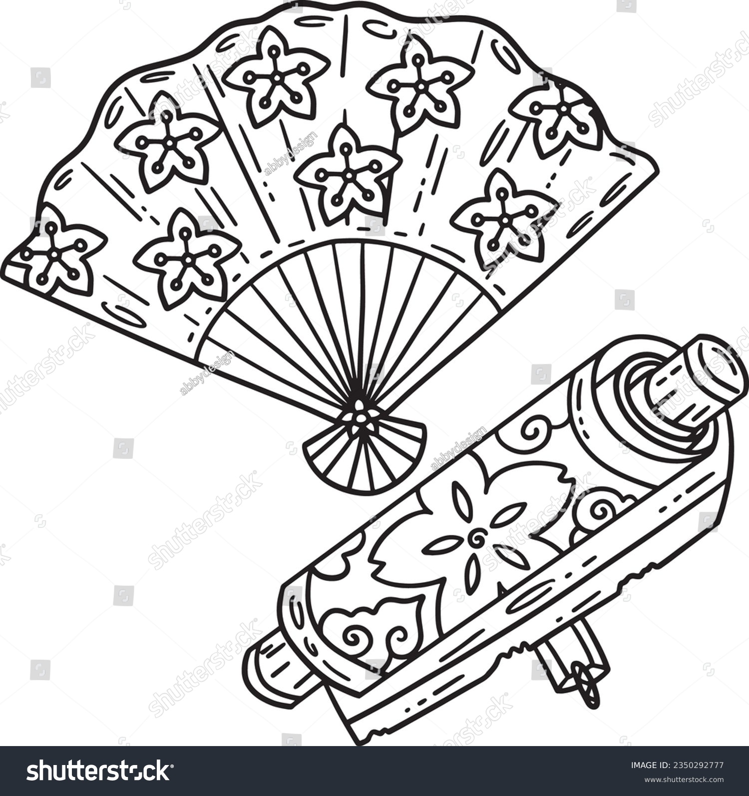 Ninja scroll fan isolated coloring page stock vector royalty free