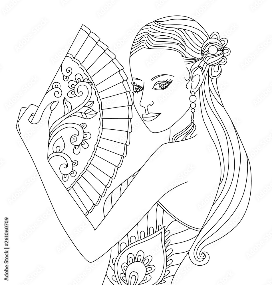 Pretty chinese girl with fan coloring page vector