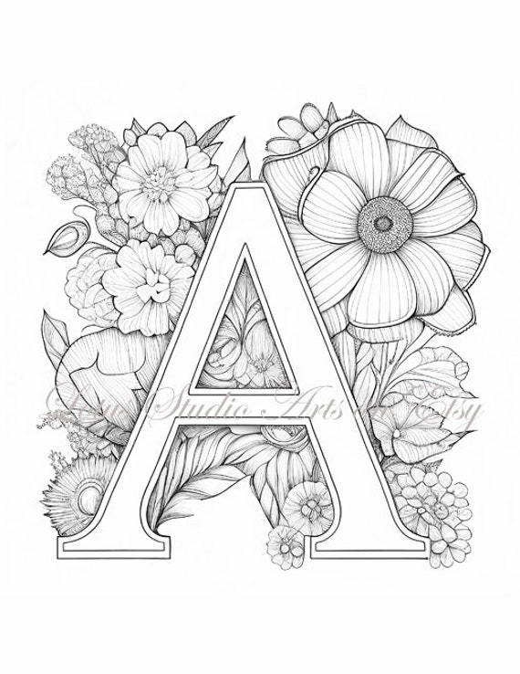 Floral letter a coloring page style downloadable printable alphabet coloring page for adults and teens great for craft projects download now