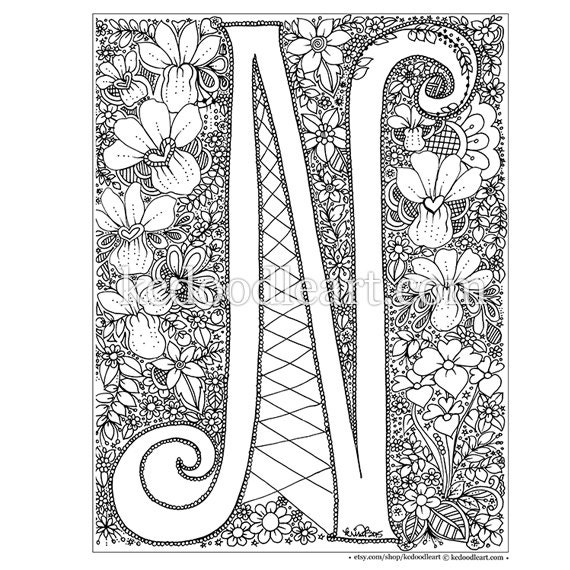Instant digital download adult coloring page letter n