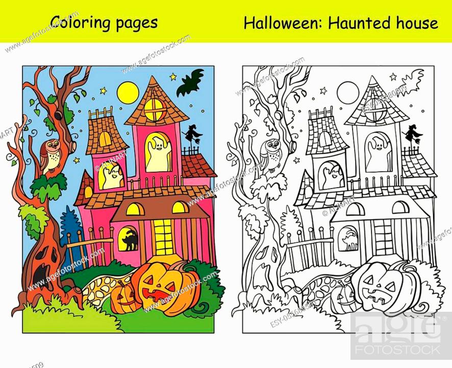 Vector coloring pag with colored example haunted house halloween concept foto de stock vector low budget royalty free pic y