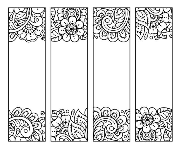 Printable bookmark for book coloring set of black and white labels with flower patterns hand draw in mehndi style sketch of ornaments for creativity of children and adults with colored pencils stock
