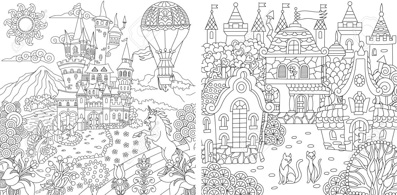 Coloring pages coloring book for adults colouring pictures with fantasy castles and houses drawn in zentangle style royalty free svg cliparts vectors and stock illustration image