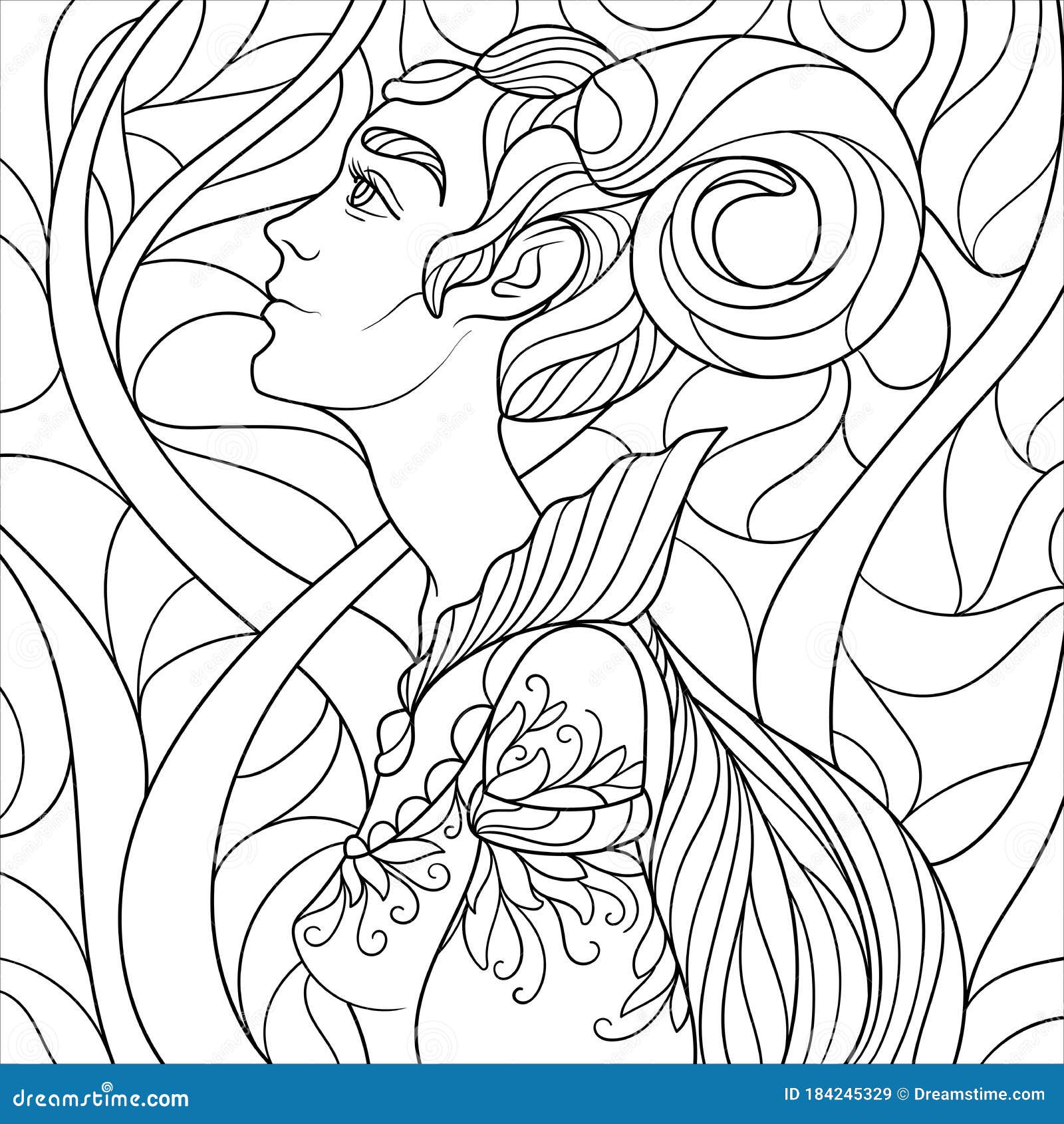 Fantasy coloring page for adults with beautiful girl with horns stock vector