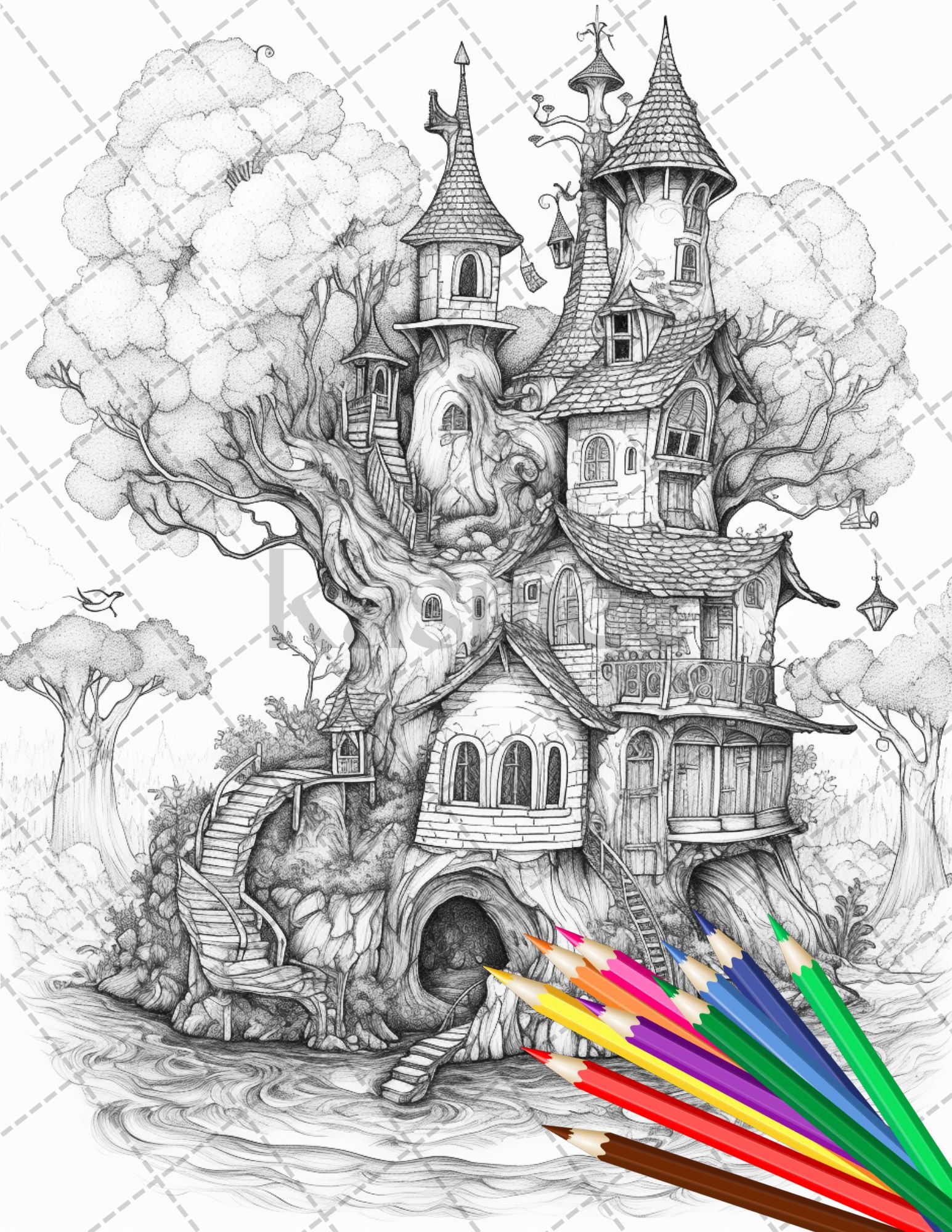 Fantasy fairy houses coloring page book printable adult coloring p â coloring