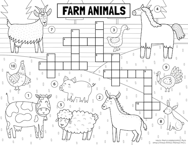 Premium vector farm animals black and white crossword for kids on the farm puzzle for school and preschool