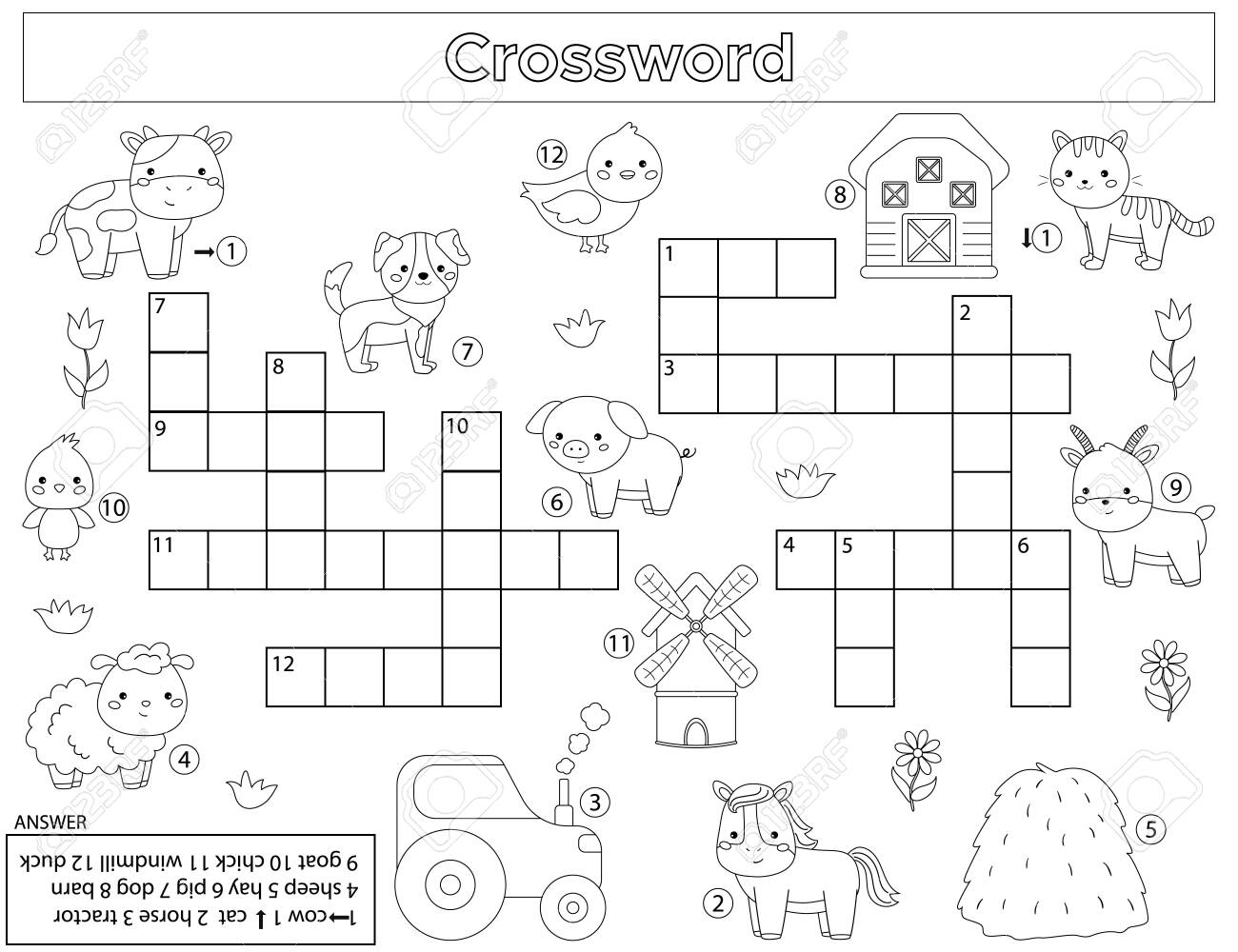 Crossword for children learn farm animals english vocabulary educational game kawaii vector cartoon characters coloring page for preschool kids royalty free svg cliparts vectors and stock illustration image