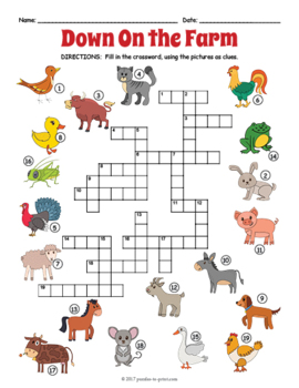 Esl farm animals crossword puzzle worksheet activity by puzzles to print
