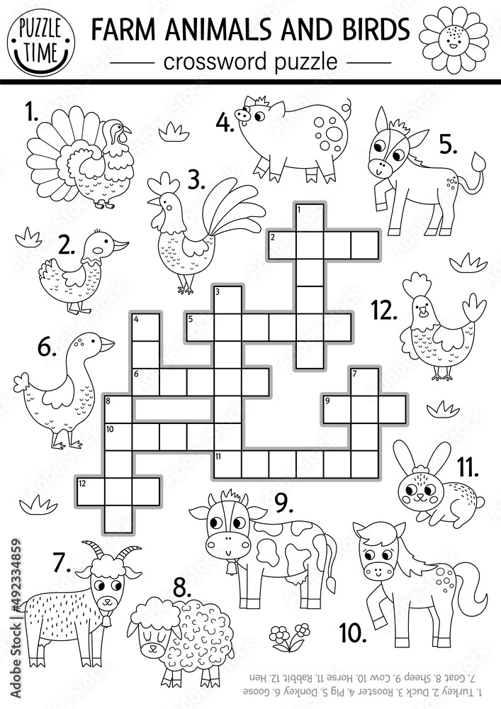 Vector farm animals and birds black and white crossword puzzle for kids simple on the farm line quiz country educational activity with cow hen pig rural village cross word coloring page