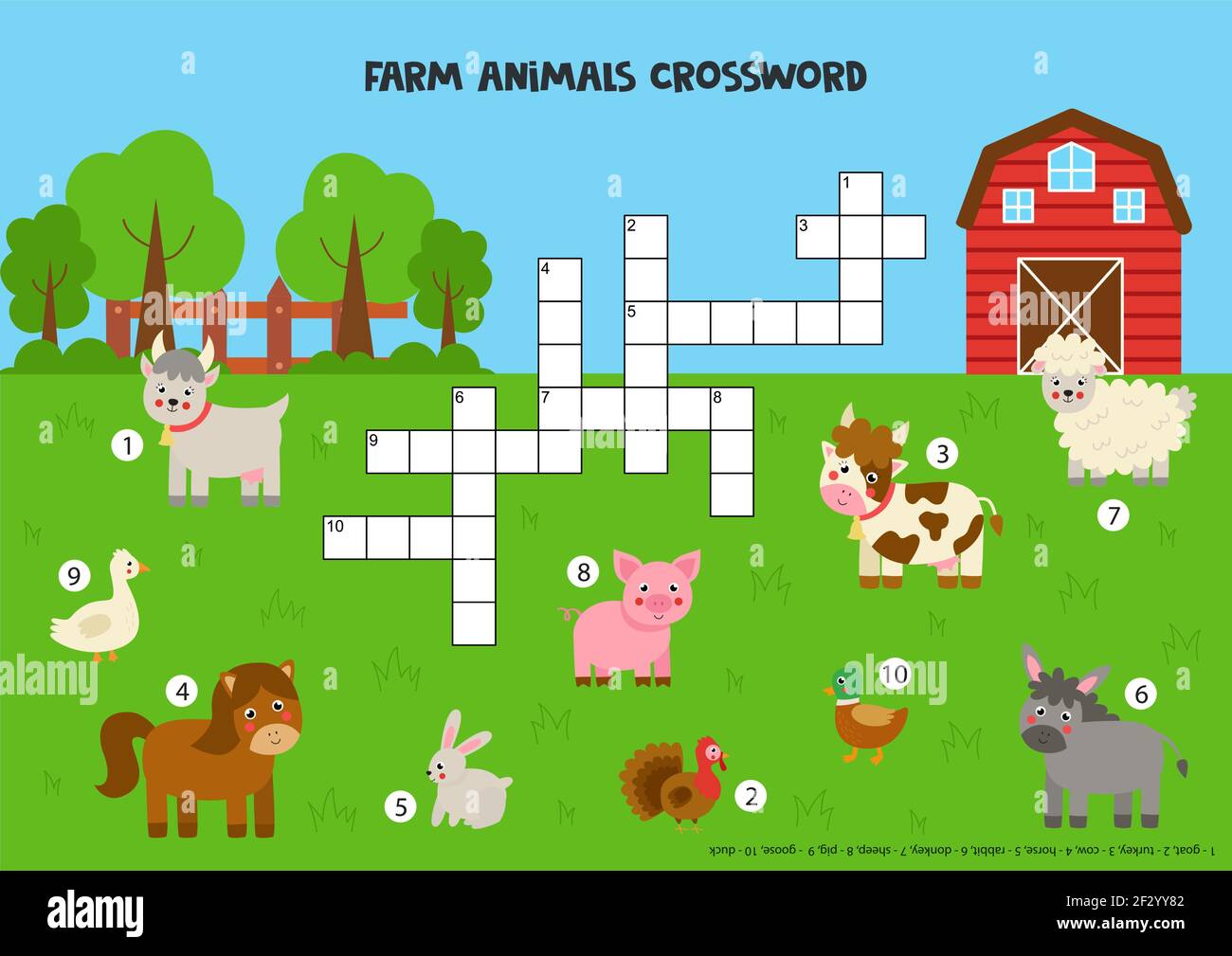 Farm animal crossword puzzle for kids cute smiling domestic animals educational game for children stock vector image art