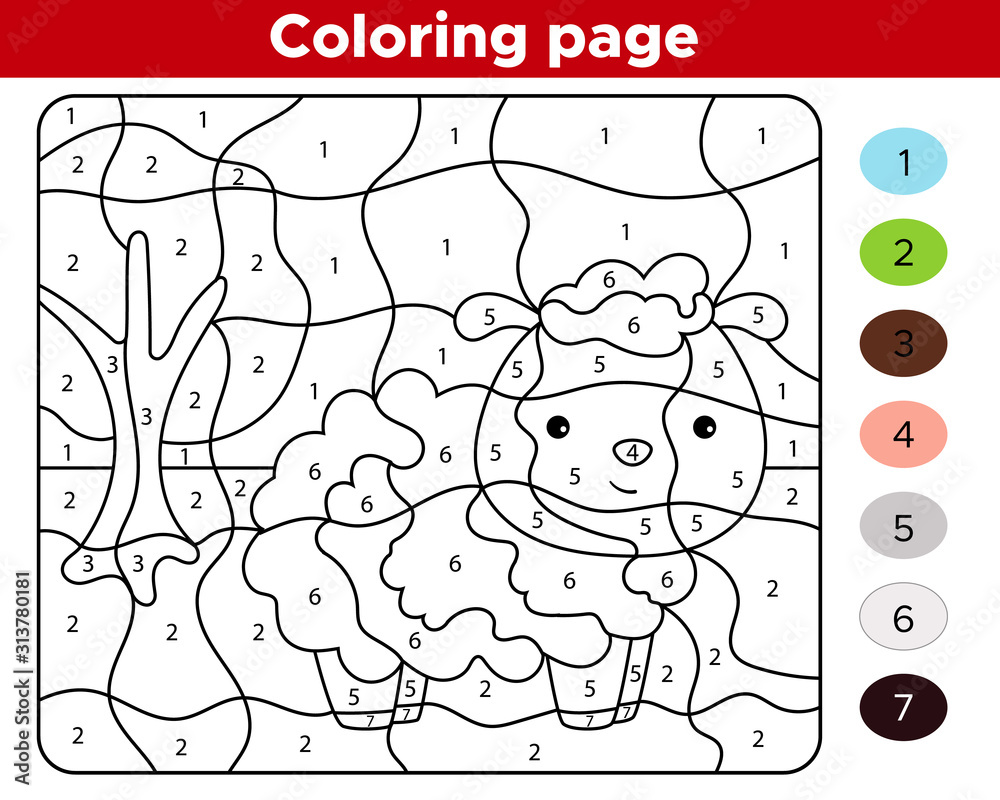 Coloring page by numbers cute cartoon farm animal