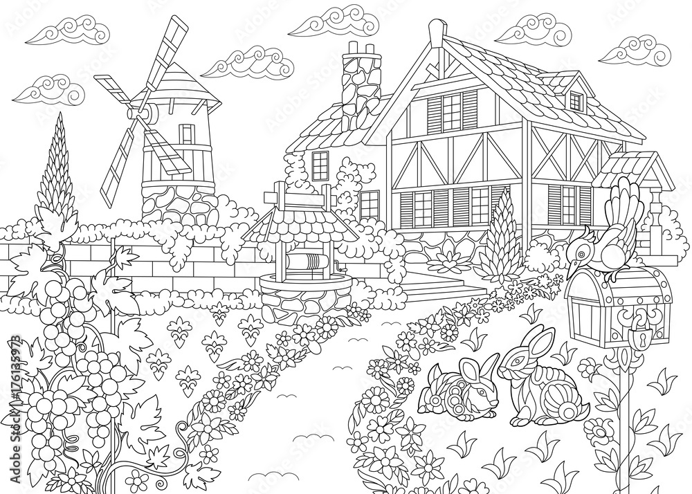 Coloring page of rural landscape farm house windmill water well mail box bunnies woodpecker bird grape vines freehand sketch drawing for adult antistress coloring book in zentangle style vector