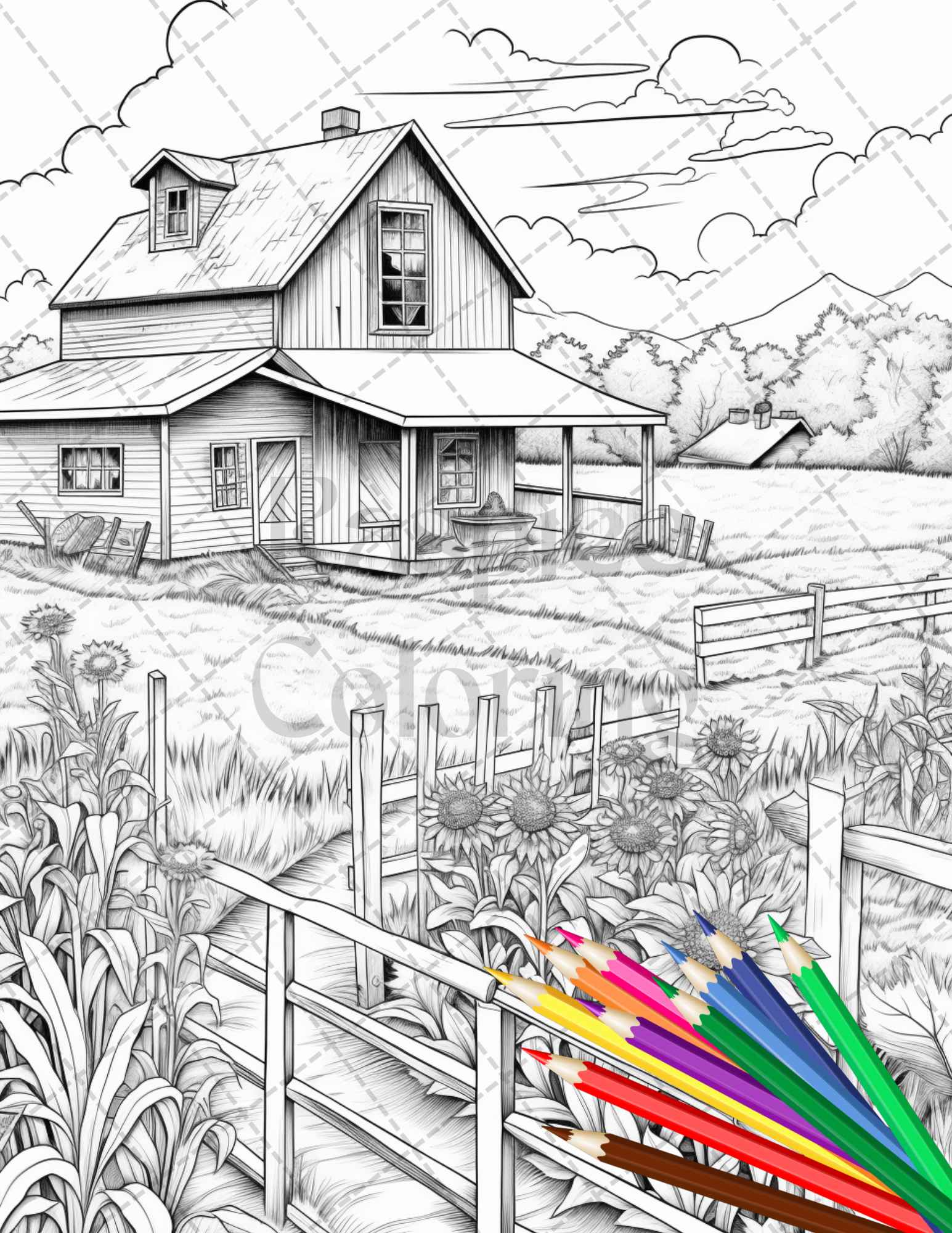 Charming farmhouse scenery grayscale coloring pages printable for adul â coloring