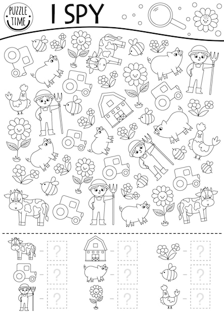 Premium vector on the farm black and white i spy game for kids searching and counting line activity with farmer
