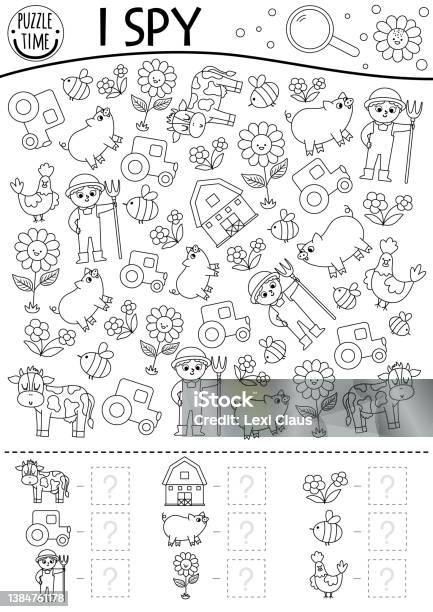 On the farm black and white i spy game for kids searching and counting line activity