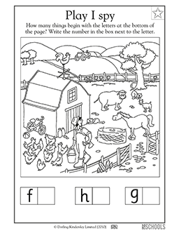 Play i spy on the farm kindergarten preschool reading worksheet