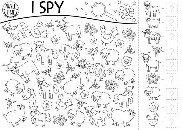 Farm animals black and white i spy game for kids searching and counting line activity with goat horse sheep hen pig cow rural village printable coloring page simple on the farm puzzle