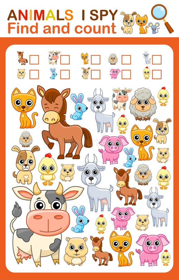Printable worksheet for kindergarten and preschool book page i spy count farm animals vector illustration stock vector