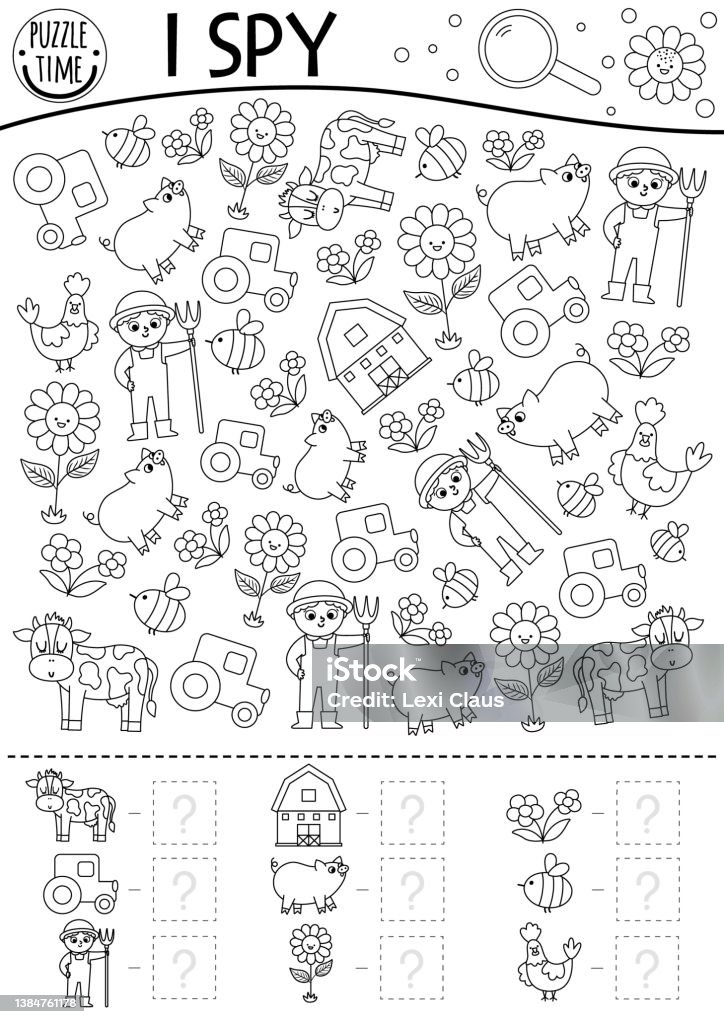 On the farm black and white i spy game for kids searching and counting line activity with farmer tractor barn cow rural village printable coloring page simple country farm puzzle stock illustration