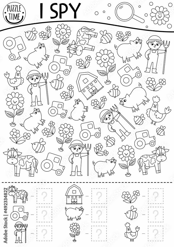 On the farm black and white i spy game for kids searching and counting line activity with farmer tractor barn cow rural village printable coloring page simple country farm puzzle vector