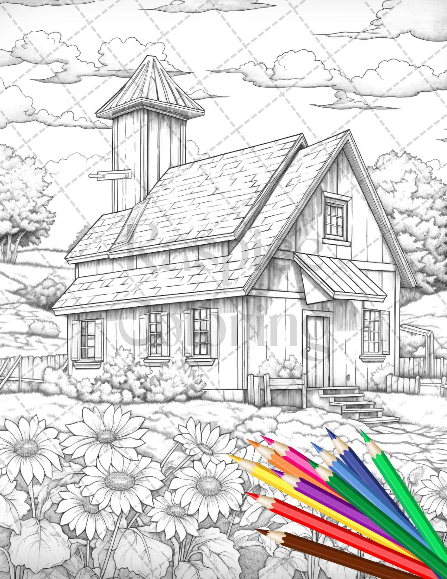 Charming farmhouse scenery grayscale coloring pages printable for adul â coloring