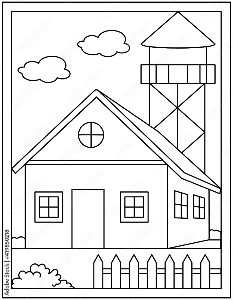 Farmhouse coloring page in hand drawn vector design vector