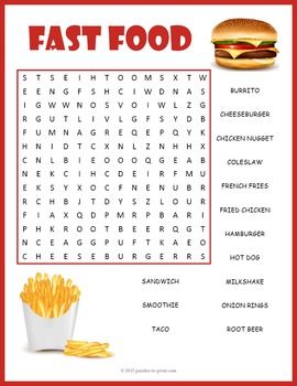 Fast food word search puzzle worksheet activity food words word puzzles for kids kids word search