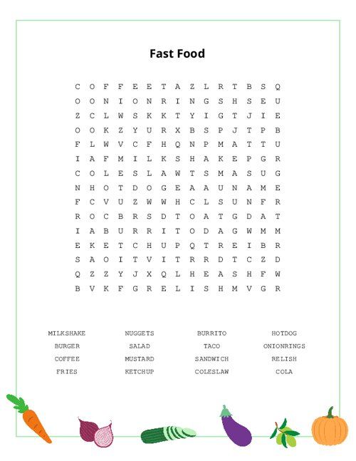 Fast food word search puzzle food words fast food hidden words