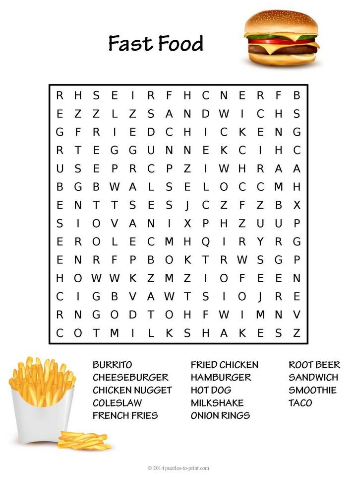 Free printable fast food word search word puzzles for kids food words fast food