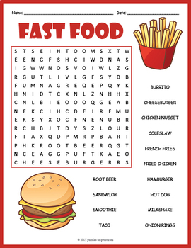 Fast food word search puzzle worksheet activity by puzzles to print