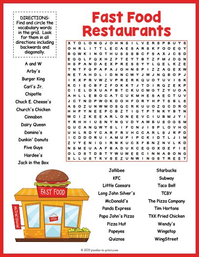 Free printable fast food restaurants word search learning websites for kids kids word search free printable word searches