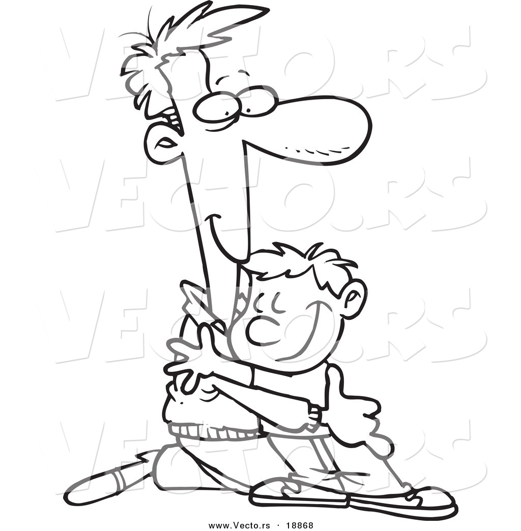 R of a cartoon father kneeling to hug his son