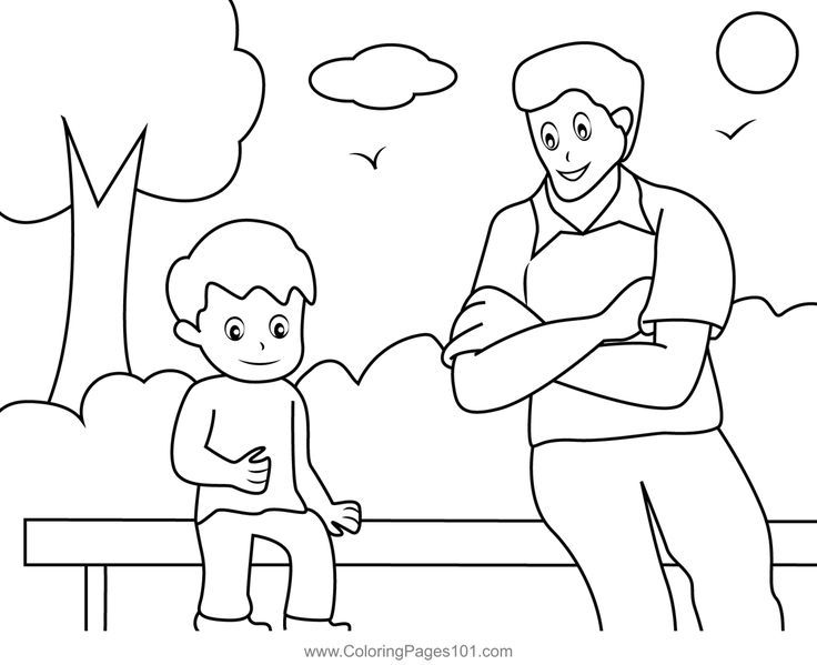 Father and son sitting on a bench coloring page fathers day coloring page father and son coloring pages