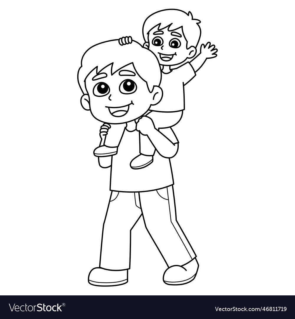 Father carrying his son isolated coloring page vector image