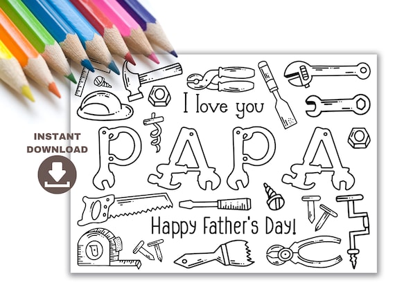 Papa fathers day coloring card for kids instant download printable fathers day gift from kids coloring page with hand tools for grandpa
