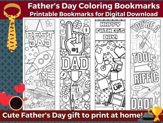 Fathers day printable coloring bookmarks instant download printable fathers day gift from kids printable fathers day craft gamer dad