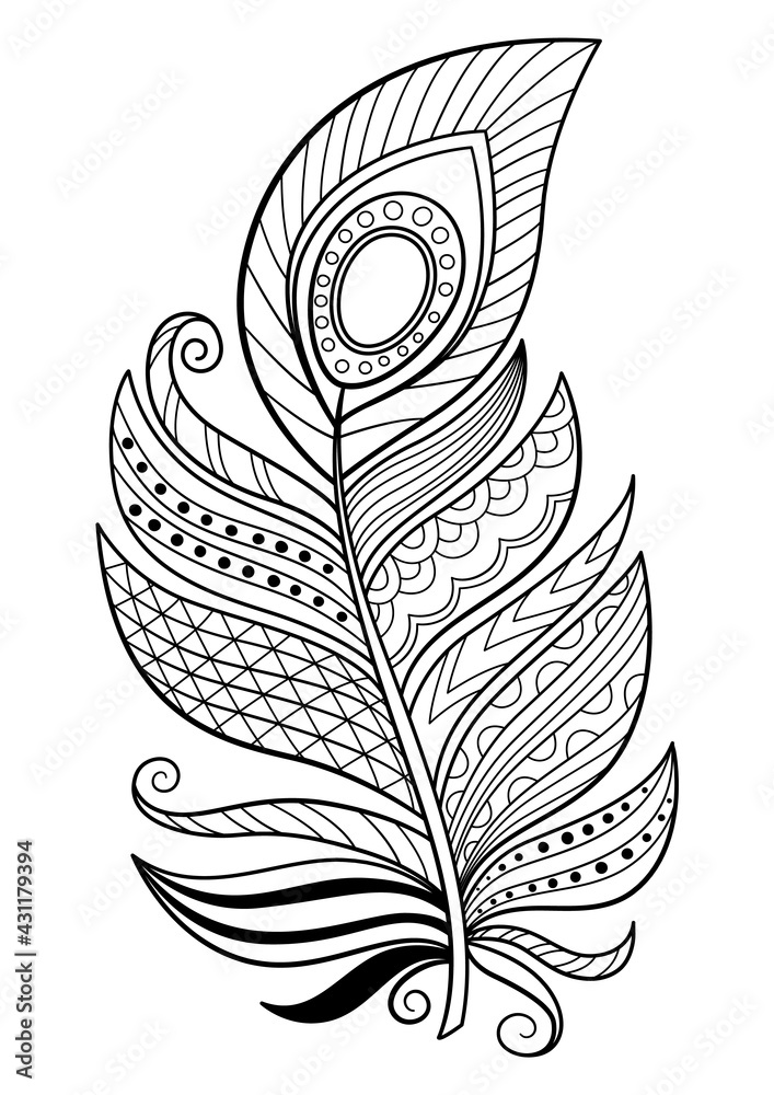 Vektorovã grafika âdoodle feather coloring book page antistress for adults and children zentangle black and white illustrationâ ze sluåby