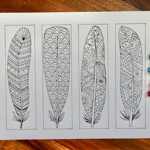 Coloring bookmarks feathers pdf download bookmarks to color digital download hand drawn diy coloring page