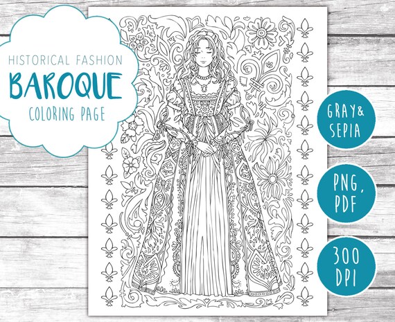 Historical fashion coloring page for adults printable coloring pages digital download hand drawn woman illustration to color gray sepia