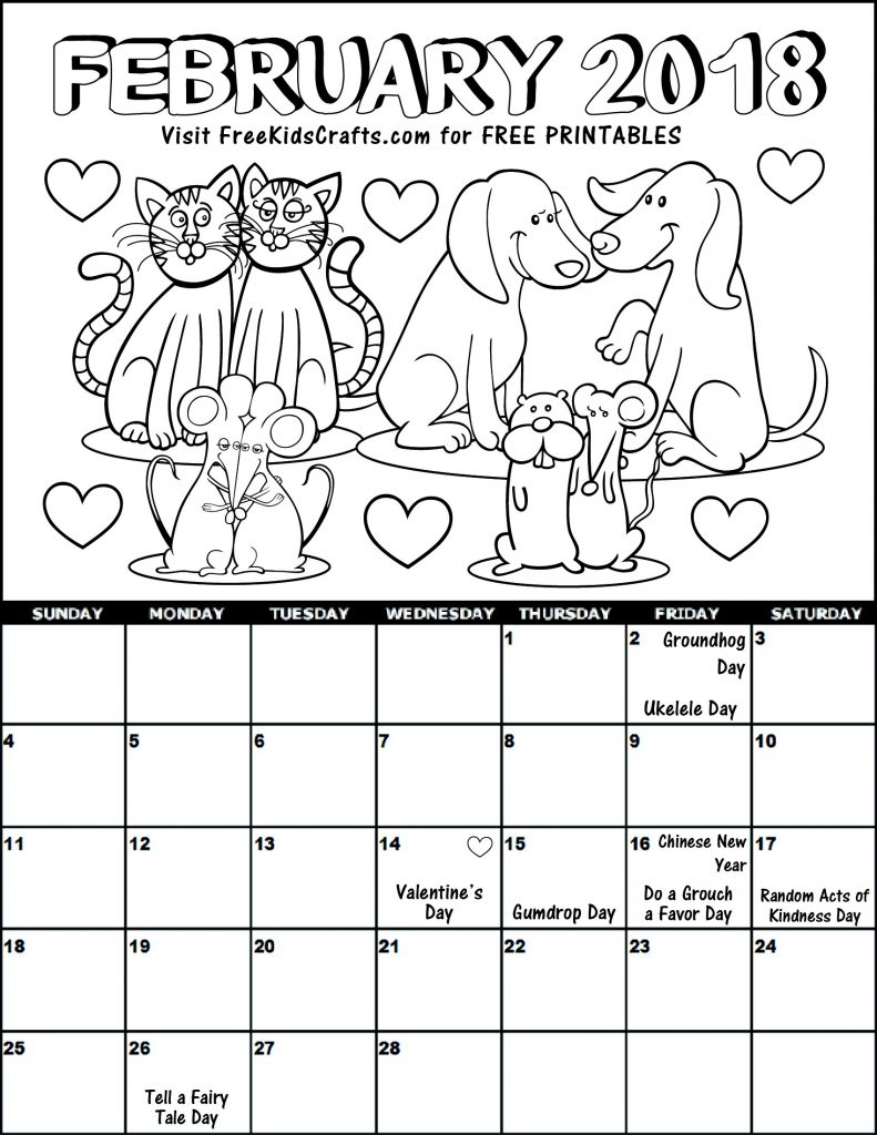 Printable february coloring calendar for kids